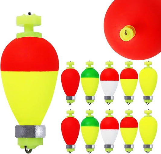 Weighted Fishing Bobbers 10-Pack - Slip Bobbers for Catfish with Spring Clip | 5 Sizes & Styles | High-Visibility EVA Floats with Bottom Weight for Stability