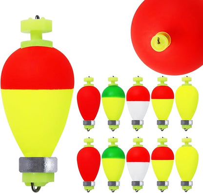 Weighted Fishing Bobbers 10-Pack - Slip Bobbers for Catfish with Spring Clip | 5 Sizes & Styles | High-Visibility EVA Floats with Bottom Weight for Stability