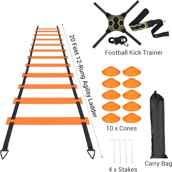 Pro Agility Ladder Soccer Kick Trainer Set 20ft 12 Rung 10 Cones and 4 Stakes Speed Agility Football Training Equipment with Carrying Bag ﻿