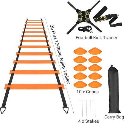Pro Agility Ladder Soccer Kick Trainer Set 20ft 12 Rung 10 Cones and 4 Stakes Speed Agility Football Training Equipment with Carrying Bag ﻿