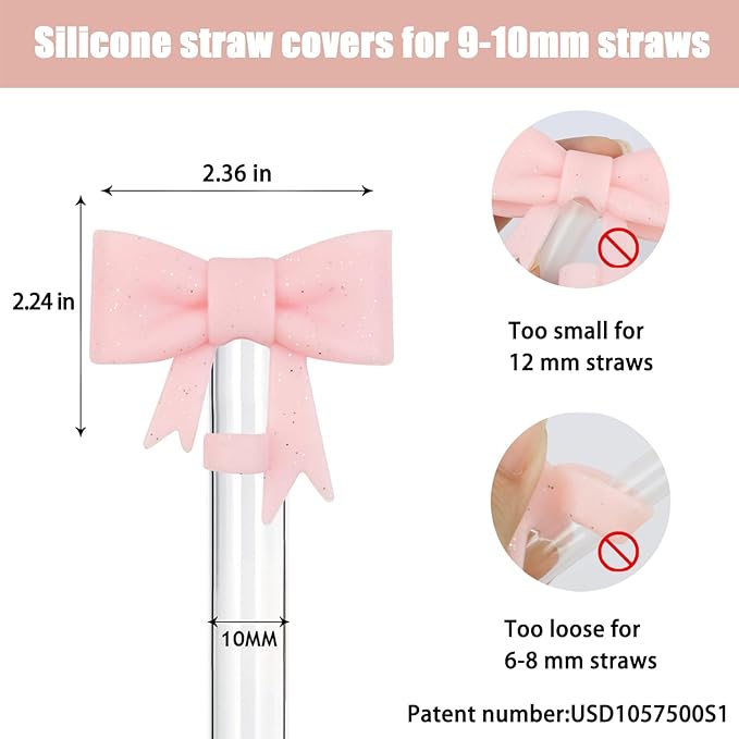 4Pcs Silicone Straw Toppers Covers for Stanley Cups 40/30oz 10mm(0.4in) Flash Black Dust-Proof Bow Straw Covers Toppers Rose Red Suitbale for Stanley Cup Accessories Reusable Straws Caps