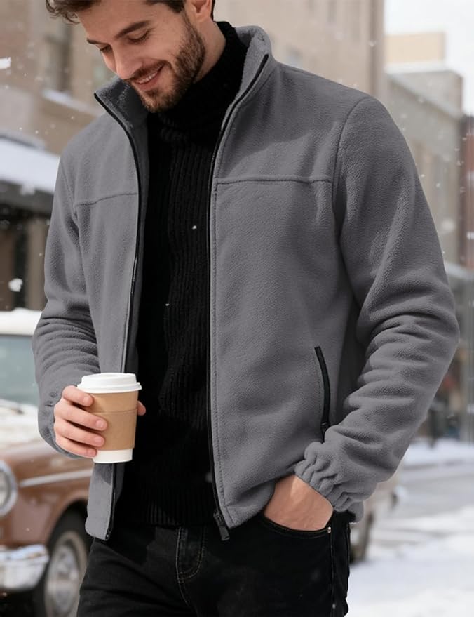 Mens Polar Fleece Jacket Full Zip Lightweight Casual Outdoor Jackets Stand Collar Warm Coats with Pockets