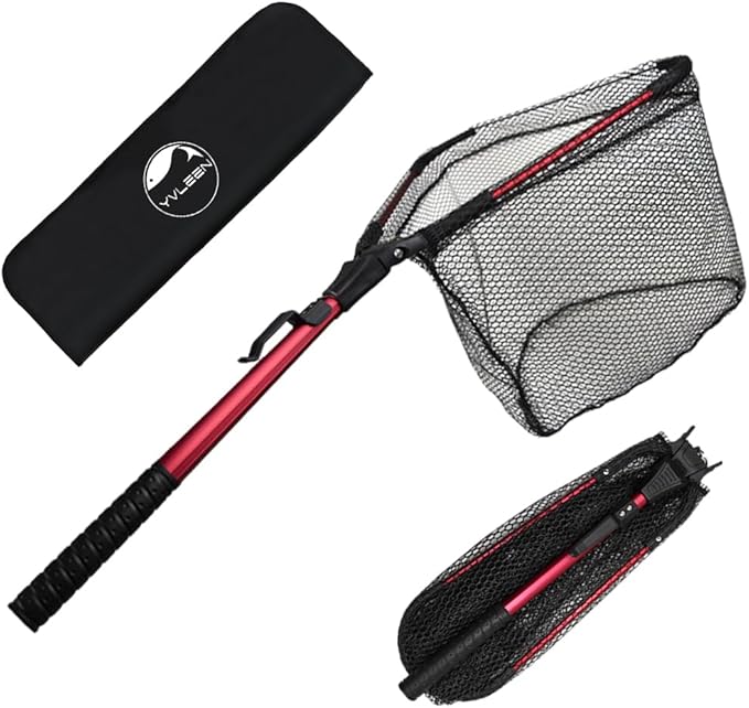 YVLEEN Folding Fishing Net - Foldable Fish Landing Net Robust Aluminum Telescopic Pole Handle and Nylon Mesh 16inch Hoop Size