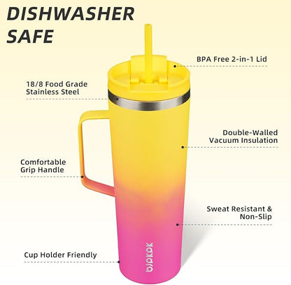 BJPKPK Insulated Tumbler with Handle, 30oz Insulated Tumblers with Lid and Straw, Stainless Steel Metal Water Bottles, Coffee Travel Mugs, Cups, Pink & Yellow Rose