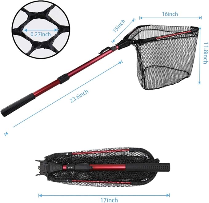 YVLEEN Folding Fishing Net - Foldable Fish Landing Net Robust Aluminum Telescopic Pole Handle and Nylon Mesh 16inch Hoop Size