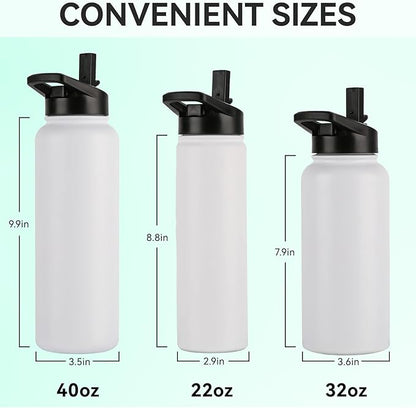 DOMICARE 40 oz Insulated Water Bottle Bulk, Vacuum Insulated Stainless Steel Sports Water Bottle with Straw Lid & Spout Lid, Leakproof, Reusable - Travel, Camping, Bike, White (4 Pack)