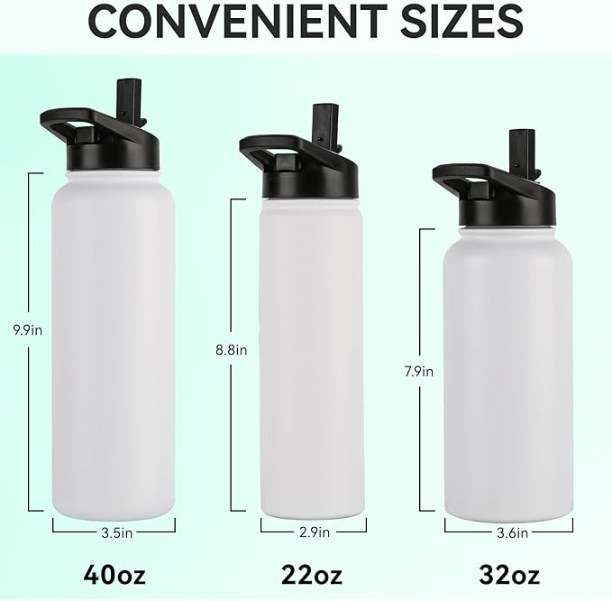 DOMICARE 40 oz Insulated Water Bottle, Vacuum Insulated Stainless Steel Sports Water Bottle with Straw Lid & Spout Lid, Leakproof, Reusable - Travel, Camping, Bike, White