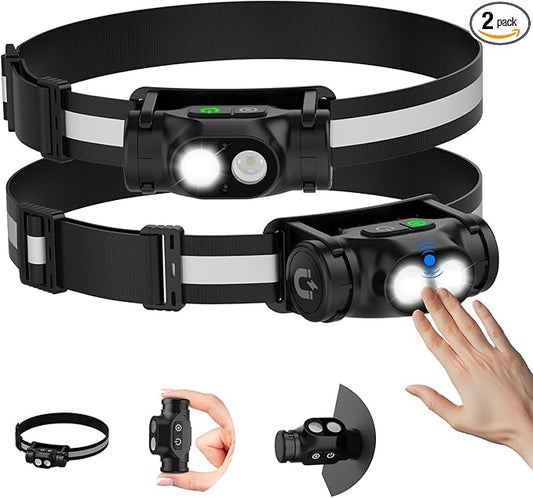 Rechargeable Running Headlamp, High Lumens Bright Head Lamp Led with Motion Sensor, 4 Modes, Magnet, Detachable Flashlight & Headband for Adult, Outdoor, Emergency, Hard Hat Light 2PC