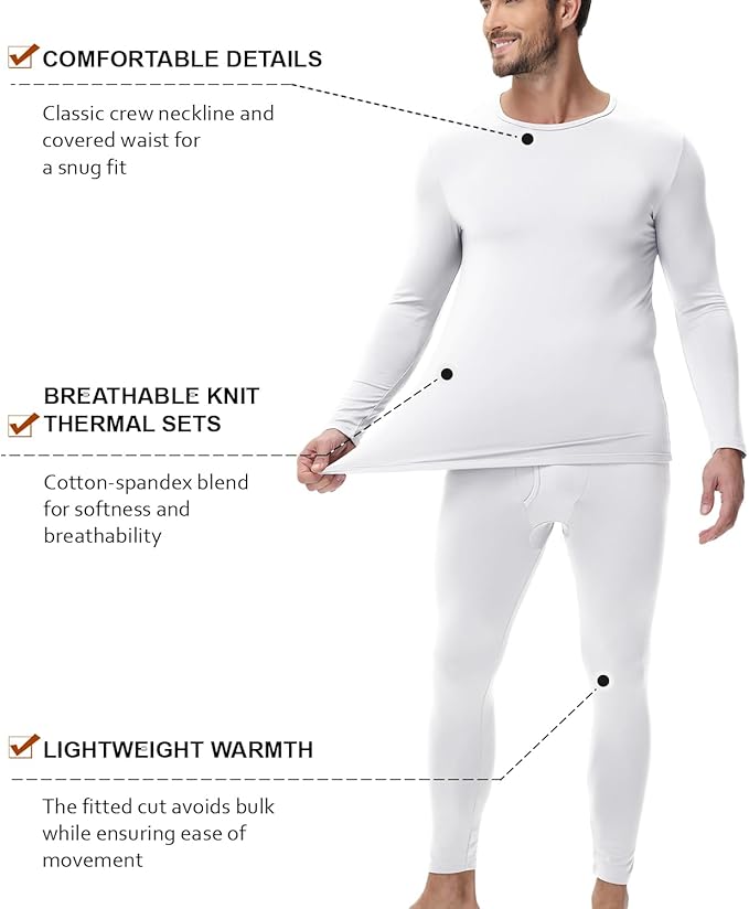 wirarpa Men's Cotton Long Johns Thermal Underwear Set Base Layer Lightweight Long Sleeve Top and Bottom