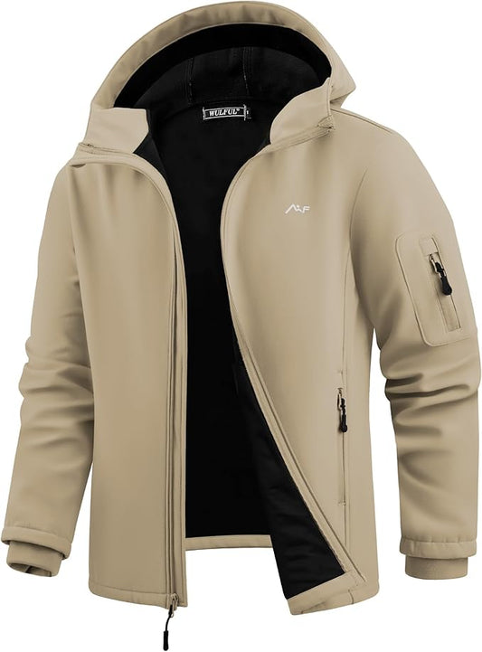 WULFUL Men's Lightweight Softshell Jacket Warm Fleece Lined Windbreaker Waterproof Soft Shell for Outdoor Hiking