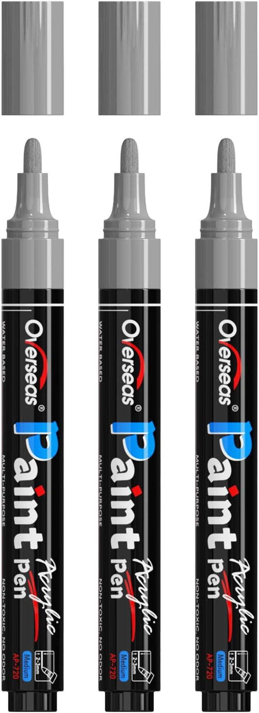 Overseas Silver Paint Pens Paint Markers - Permanent Acrylic Markers 3 Pack, Water Based, Quick Dry, Waterproof Marker Pen for Rock, Wood, Plastic, Metal, Canvas, Glass, Fabric, Mugs. Medium Tip
