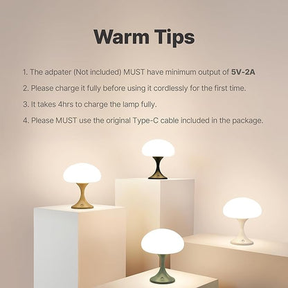 Mushroom Lamp, 5W LED Cordless Rechargeable Table Lamp with Glass Shade, Small Retro Dimmable Touch Light with 3 Color Temps, Aesthetic Mid Century Bedside Light for Bedroom Ambient, Black
