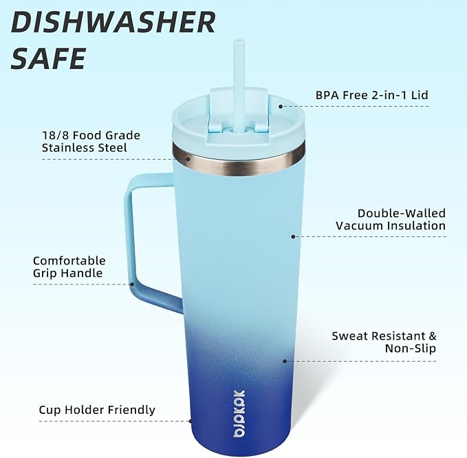 BJPKPK Insulated Tumbler with Handle, 30oz Insulated Tumblers with Lid and Straw, Stainless Steel Metal Water Bottles, Coffee Travel Mugs, Cups, Sky