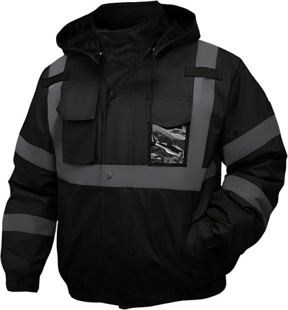 Safety jacket for men,Reflective high Visibility Hooded jacket,Hi-Vis Bomber Jacket with Pockets and Zipper,Waterproof,Black Bottom,ANSI/ISEA 107-2020 Type R Class 3,Black