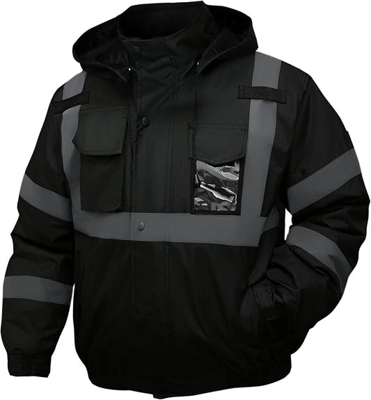 Safety jacket for men,Reflective high Visibility Hooded jacket,Hi-Vis Bomber Jacket with Pockets and Zipper,Waterproof,Black Bottom,ANSI/ISEA 107-2020 Type R Class 3,Black