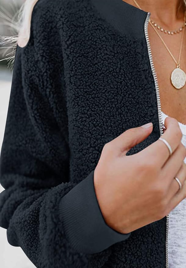 MIROL Women's Fall Trendy Fleece Jacket Faux Sherpa Fuzzy Casual Long Sleeve Zip Up Loose Fit Bomber Winter Coat