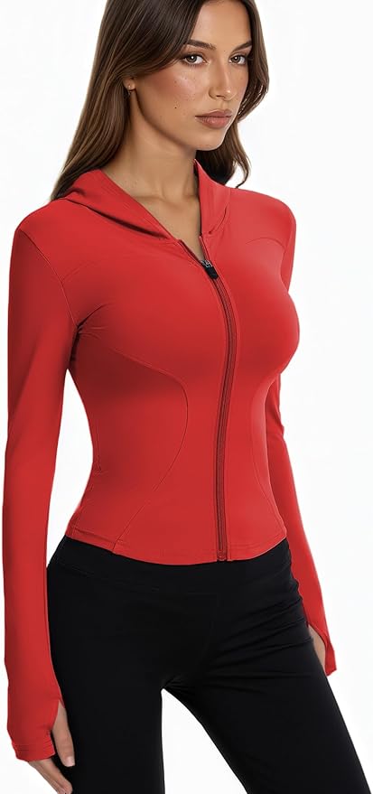 Women Bbl Jackets with Hood Compression Workout Tops Lined or Unlined Lightweight Yoga Gym Jacket with Thumb Hole