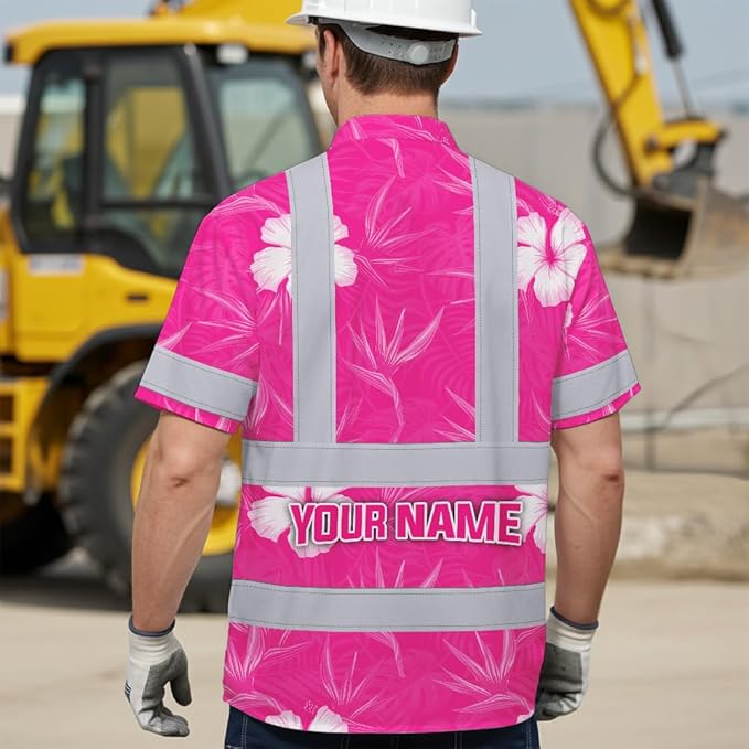 High Visibility Hawaiian Shirt for Men Tropical Shirts Custom Name Floral Outfit Reflective Safety Workwear