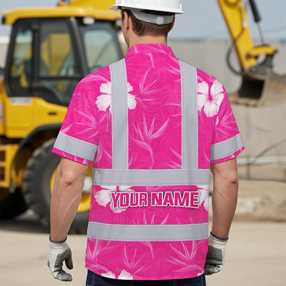 High Visibility Hawaiian Shirt for Men Tropical Shirts Custom Name Floral Outfit Reflective Safety Workwear