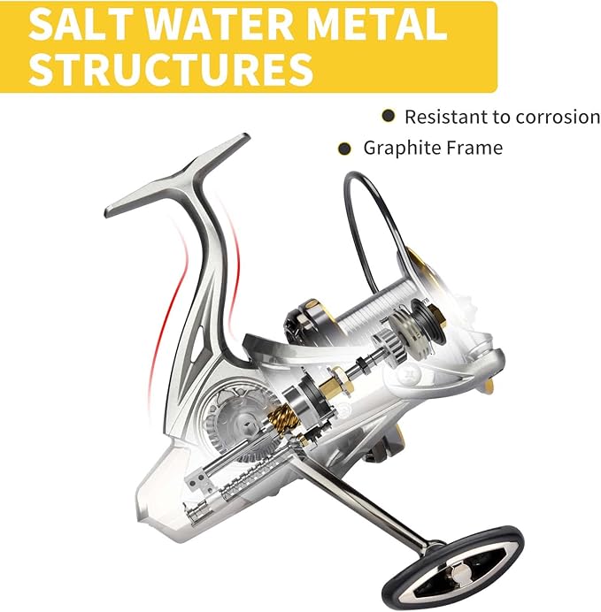 HAUT TON Spinning Reel 8000/9000/10000/12000/14000,6+1BB Metal Surf Fishing Reels,4.8:1 Gear Ratio 55lbs Drag Heavy Long Casting Inshore Saltwater Monster Fish