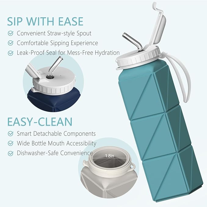 Collapsible Water Bottles with Straw 20.6oz, Silicone Foldable Portable Water Bottle, BPA-Free, Leakproof Reusable for Travel Camping Hiking Cycling Yoga Sports, 1 Pack (Blue)