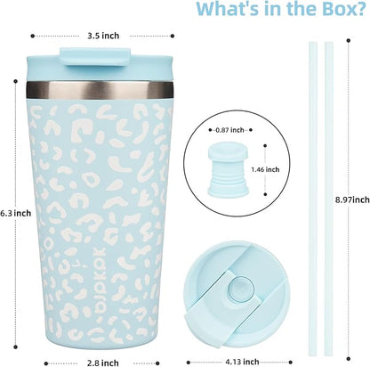 BJPKPK 18oz Tumbler With lid And Straw Stainless Steel Travel Coffee Mug Insulated Tumblers Cups,Light Blue Leopard