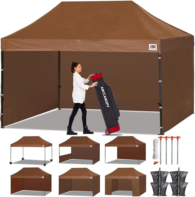 ABCCANOPY Heavy Duty Easy Pop up Canopy Tent with Sidewalls 10x15, Brown