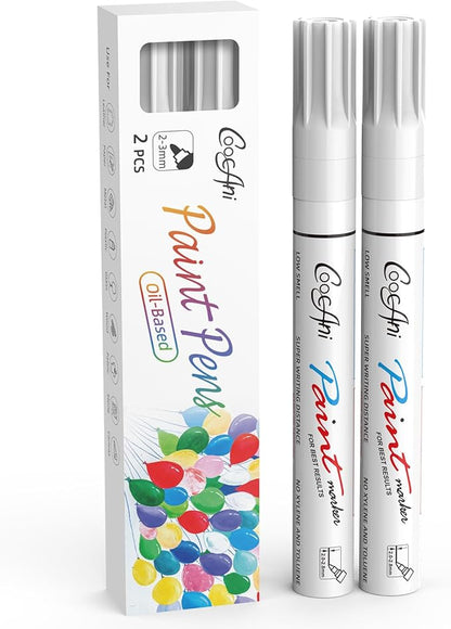 White Paint Pens Paint Markers, 2 Pack Oil Based Permanent Markers With 2-3mm Medium Point Tip For Rock Painting, Wood, Plastic, Metal, Canvas, Mugs Art Supplier (White,2 Pack)