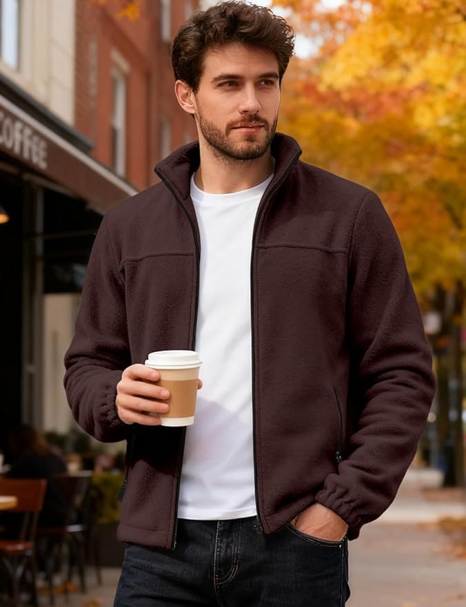 Mens Polar Fleece Jacket Full Zip Lightweight Casual Outdoor Jackets Stand Collar Warm Coats with Pockets