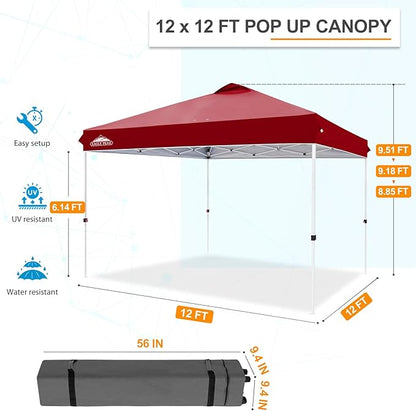 EAGLE PEAK Pop Up Canopy Tent with Wheeled Carry Bag, 8 Stakes, 4 Ropes, 4 Weight Bags, Easy Set Up Tent Canopy, 12x12 ft, 144sqft of Shade, Burgundy