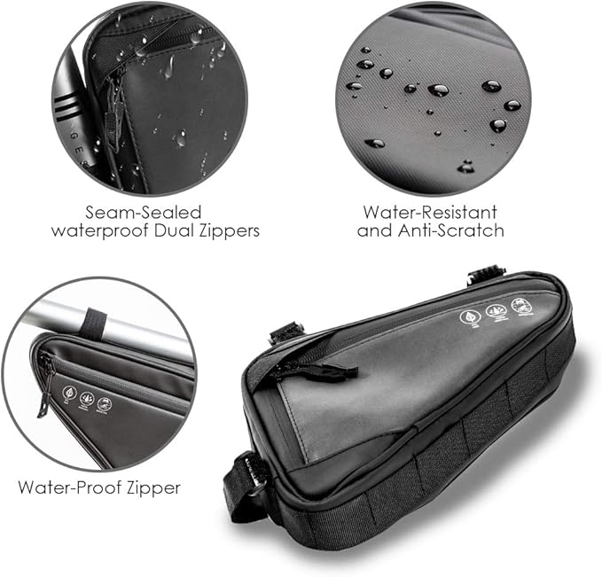 WOTOW Bike Frame Storage Bag, Water Resistant Reflective Bicycle Triangle Bag with Two Side Pockets, Strap-On Under Seat Tool Accessories Pouch for Mountain Road Bike Trip (2L)