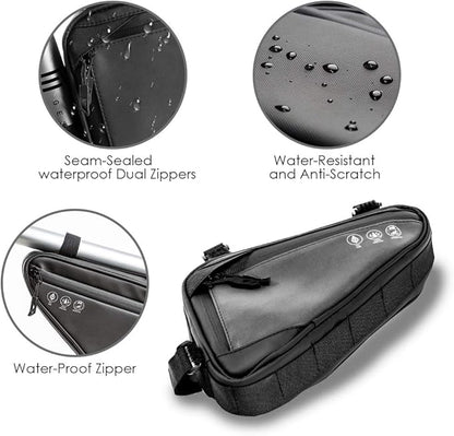 WOTOW Bike Frame Storage Bag, Water Resistant Reflective Bicycle Triangle Bag with Two Side Pockets, Strap-On Under Seat Tool Accessories Pouch for Mountain Road Bike Trip (2L)