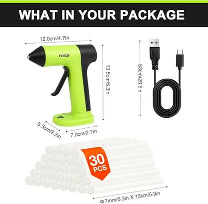 FEITA Cordless Hot Glue Gun Usb-C Rechargeable, 40S Fast Preheating, Portable Wireless Glue Gun Kit with 30pcs Mini Glue Sticks, Suitable for Kids Craft, DIY Home Repair