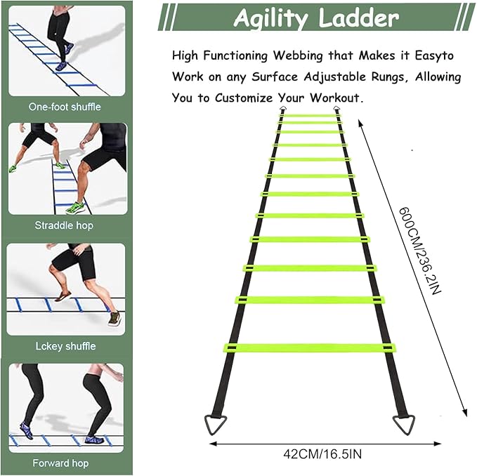 Agility Ladder Training Poles Equipment, Soccer Training Equipment-20ft Speed Ladder, 6 Agility Poles, 8 Soccer Cones for Training Football Basketball Rugby Training Equipment for Kids Youth Adults