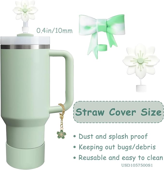 Stanley Cup Accessories Set,Including 2 Pcs 0.4in Straw Cover, 1 Silicone Spill-Proof Stopper Set of 3, 1 Cute Flowers Handle Charm, 1 Silicone Boot Fits Stanley 40&30 Oz Tumbler (Matcha Cream)