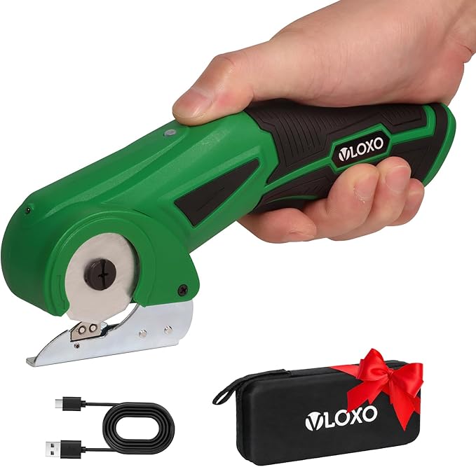 VLOXO Cordless Electric Scissors, 4V Rechargeable Cardboard Cutter with Safety Lock and LED Light Powerful Fabric Mini Cutter Rotary Multi-Cutting Tool for Carpet Leather Felt Storage Box Green