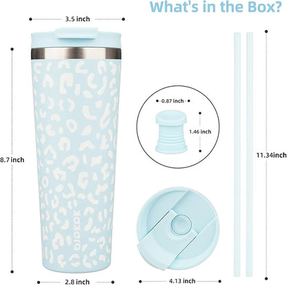 BJPKPK 26oz Tumbler With lid And Straw Stainless Steel Travel Coffee Mug Insulated Tumblers Cups,Light Blue Leopard