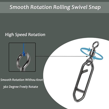 QISHUO Stainless Steel Fishing Swivels Lure Tackle Clips Snap Swivels Strength Barrel Saltwater Swivel Fishing Rolling Black Nickel