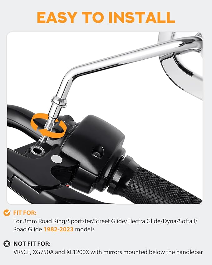 PBYMT Motorcycle Rear View Mirrors M8 Chrome Motorcycle Mirrors 360 Degree Adjustment Side Mirror Compatible with Harley Sportster Touring Dyna Softail Road King Street Glide 1982-2023