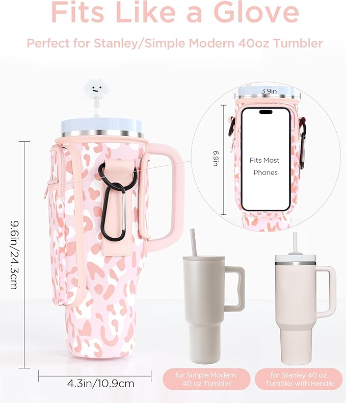 dabria Water Bottle Carrier Bag with Phone Pocket for Stanley 40/30 oz Tumbler Neoprene Water Bottle Holder Pouch with Adjustable Strap Bollus with Straw Cover & Carabiner for Stanley Cup Accessories