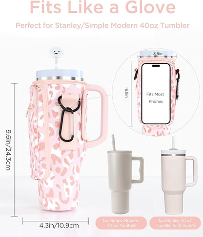 dabria Water Bottle Carrier Bag with Phone Pocket for Stanley 40/30 oz Tumbler Neoprene Water Bottle Holder Pouch with Adjustable Strap Bollus with Straw Cover & Carabiner for Stanley Cup Accessories