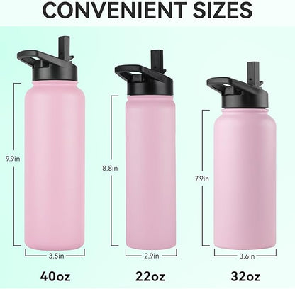 DOMICARE 32 oz Insulated Water Bottle, Vacuum Insulated Stainless Steel Sports Water Bottle with Straw Lid & Spout Lid, Leakproof, Reusable - Travel, Camping, Bike, Pink
