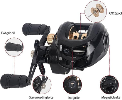 Baitcaster Reels, Lightweight Bait Caster Reel - 7.2:1 Gear Ratio, Up to 22lbs Drag Capacity, Magnetic Brakes, Perfect for Saltwater Fishing and Surf Fishing Rods