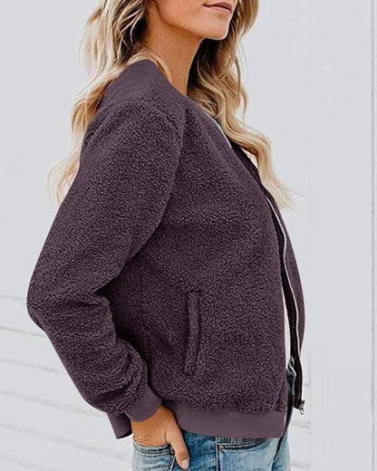 MIROL Women's Fall Trendy Fleece Jacket Faux Sherpa Fuzzy Casual Long Sleeve Zip Up Loose Fit Bomber Winter Coat