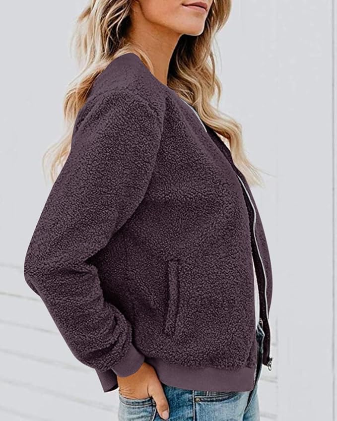 MIROL Women's Fall Trendy Fleece Jacket Faux Sherpa Fuzzy Casual Long Sleeve Zip Up Loose Fit Bomber Winter Coat