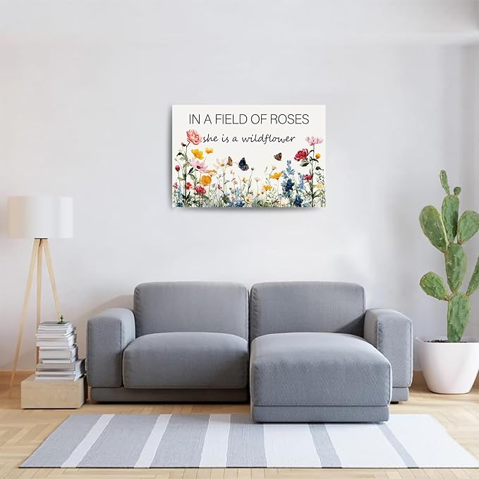 In a Field of Roses She is a Wildflower Nursery Canvas Wall Art Decor for Baby Girl Room Pink Toddler Poster Children's Floral Boho Bedroom Framed 16 * 24 Inch