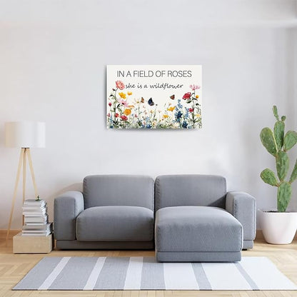 In a Field of Roses She is a Wildflower Nursery Canvas Wall Art Decor for Baby Girl Room Pink Toddler Poster Children's Floral Boho Bedroom Framed 16 * 24 Inch