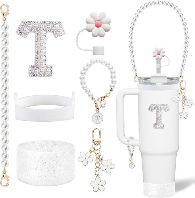 Stanley Cup Accessory Set - Including Water Bottle Carrying Pearl Strap, Handle Letter Charms Sticker, Silicone Cups Boot Straw Cover for 40oz & 30oz Tumbler