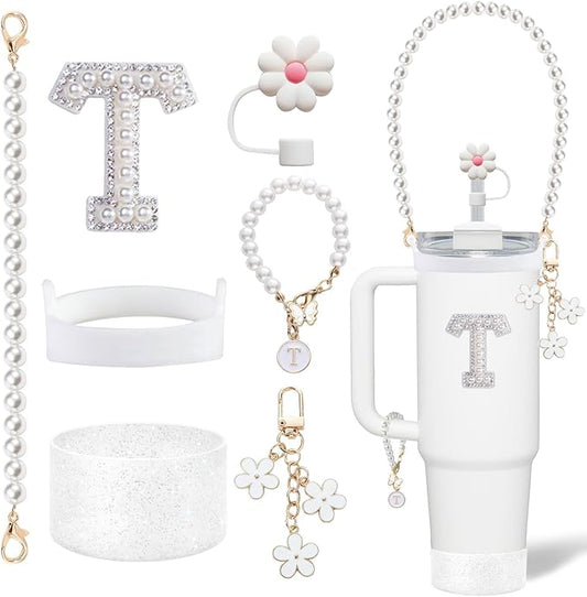 Stanley Cup Accessory Set - Including Water Bottle Carrying Pearl Strap, Handle Letter Charms Sticker, Silicone Cups Boot Straw Cover for 40oz & 30oz Tumbler