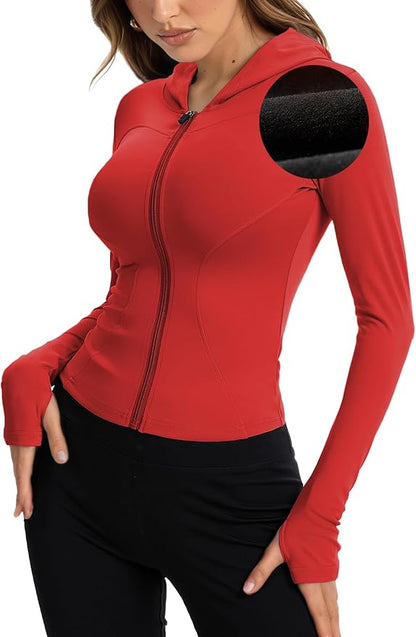 Women Bbl Jackets with Hood Compression Workout Tops Lined or Unlined Lightweight Yoga Gym Jacket with Thumb Hole
